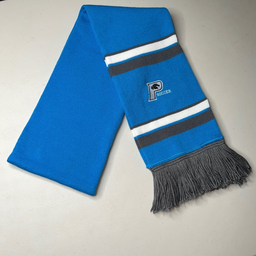 P Soccer Blue Knit Scarf Horse‎ Logo Striped Grey Fringe Kids Athletic Accessory